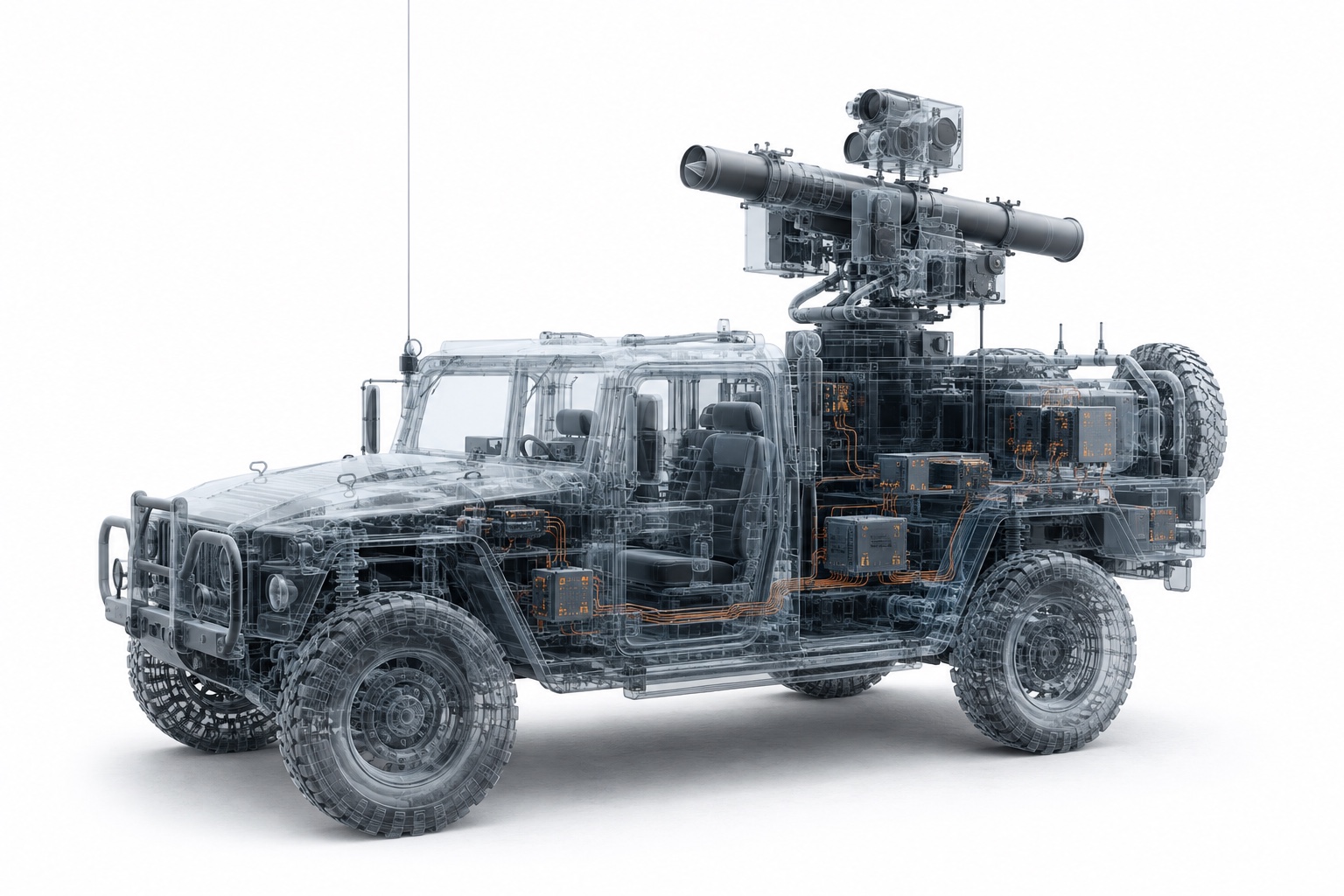 X-ray view of a defence vehicle with an RBS 70 launcher, electronic control units highlighted in orange
